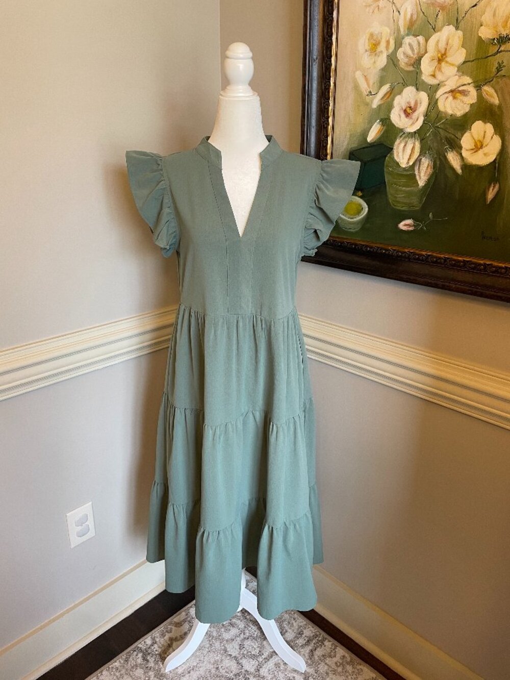 Juliana's Flutter Sleeve Tiered Green Midi Dress Size S